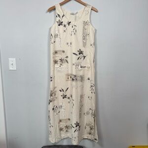 Line Two Vintage Rayon/Linen Floral Cream Sleeveless Dress, Size L